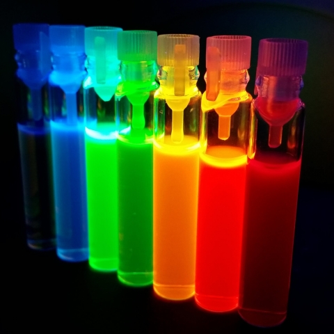 STANDARD LICENSE; PLEASE SEE ADDITIONAL ASSET FOR FULL LICENSE TERMS.
Glass tubes with quantum dots of perovskite nanocrystals, luminescing with all colors of the rainbow under ultraviolet radiation.
