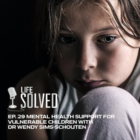 Sad child resting her head on her knee. Life Solved logo and title.