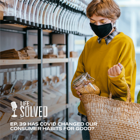 Female student wearing blue face mask and looking away. Life Solved logo and episode title