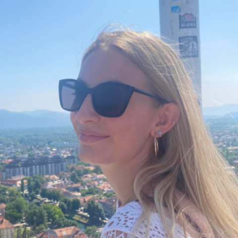 Sadie smiling at the camera overlooking a view of a town.