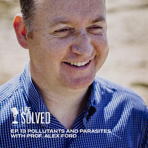 Professor Alex Ford smiling wearing blue shirt on beach, Life Solved logo in left hand corner