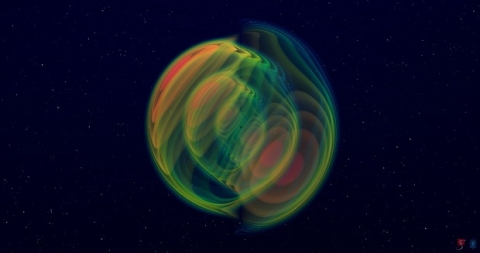 A still image from a numerical simulation of a black-hole binary merger