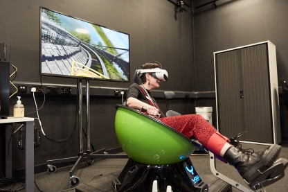 Person using CCIXR's virtual reality lab rollercoaster simulator