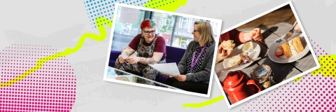 Student and guidance counsellor discussing support, and eating cake
