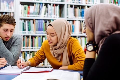 Female student in library looking over paperwork